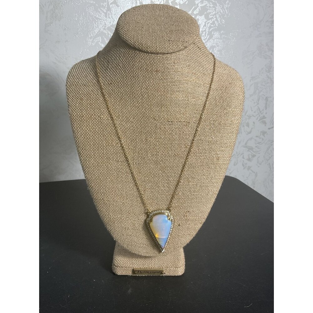 Gold Tone Chain Necklace With Opalescent Pendant & Rhinestone Accents